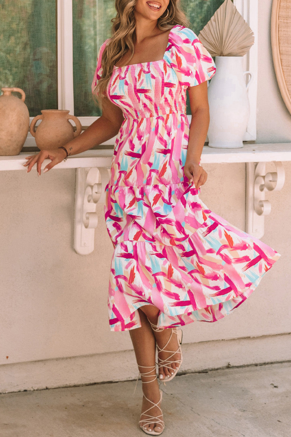 Brush Stroke Printed Smocked Ruffle Tiered Dress