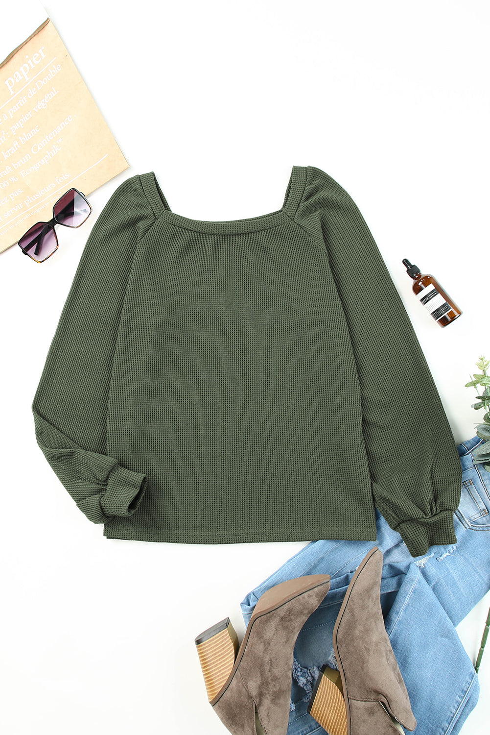 Scoop Neck Puff Sleeve Waffle Knit Top