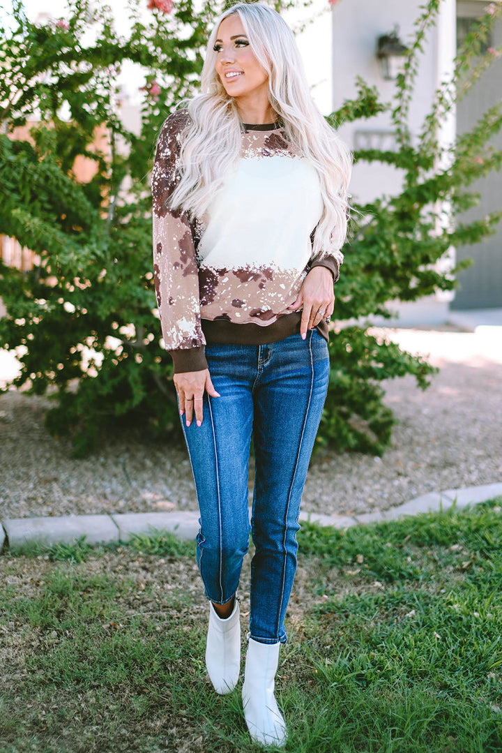 Bleached Tie Dye Leopard Print Long Sleeve Top