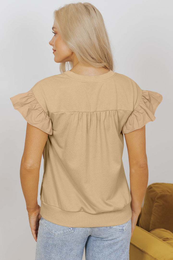 Two Tones Ribbon Bow Ruffle Sleeve Top