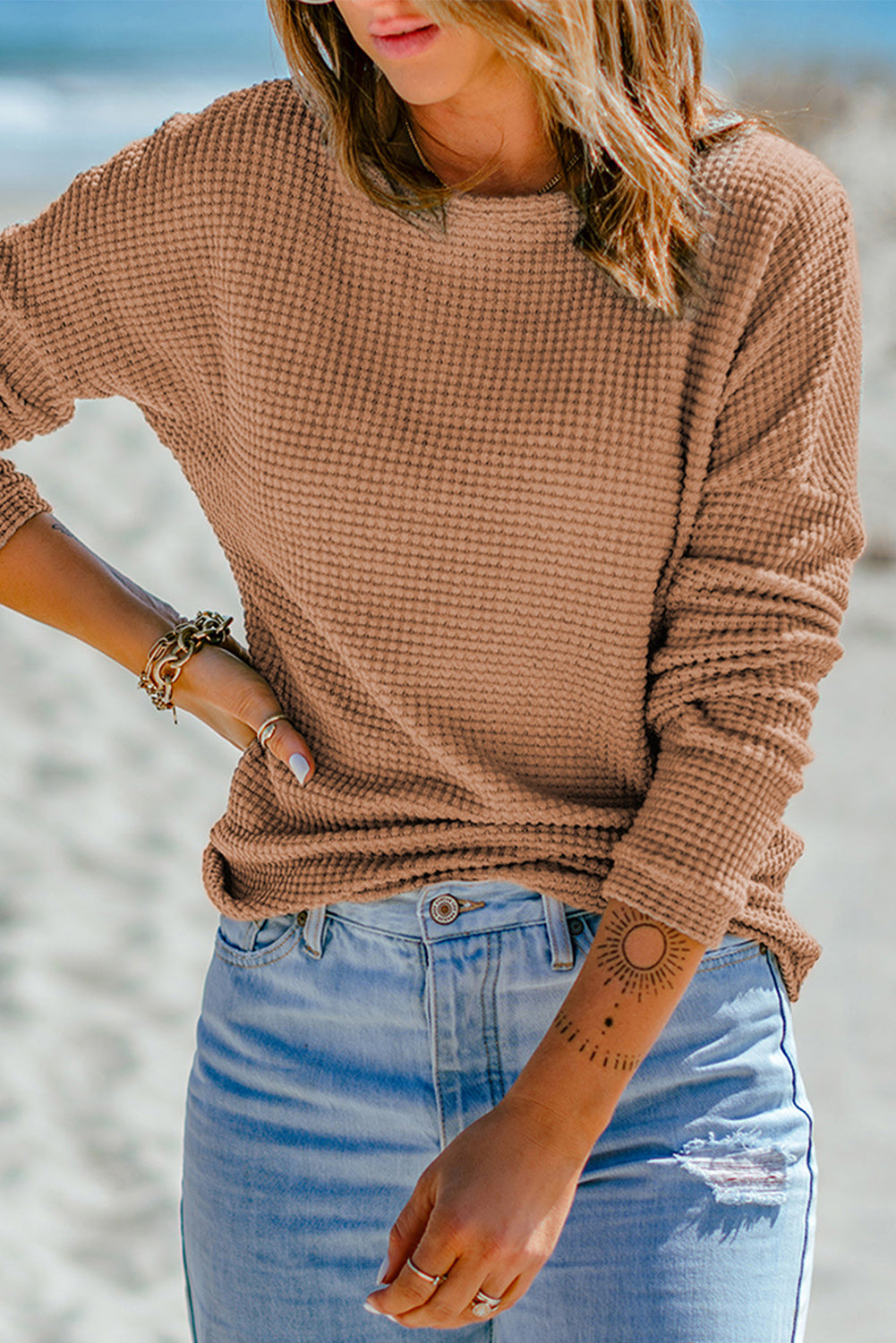 Waffle Knit Drop Shoulder Long Sleeve Top