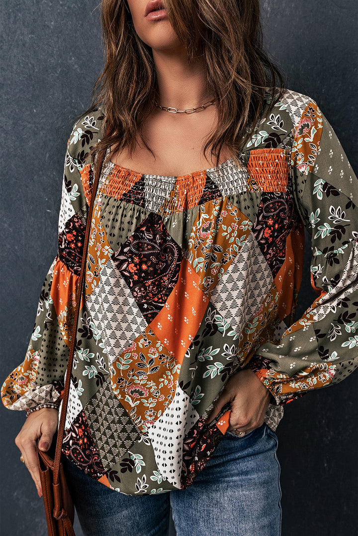 Square Neck Mixed Print Blouse