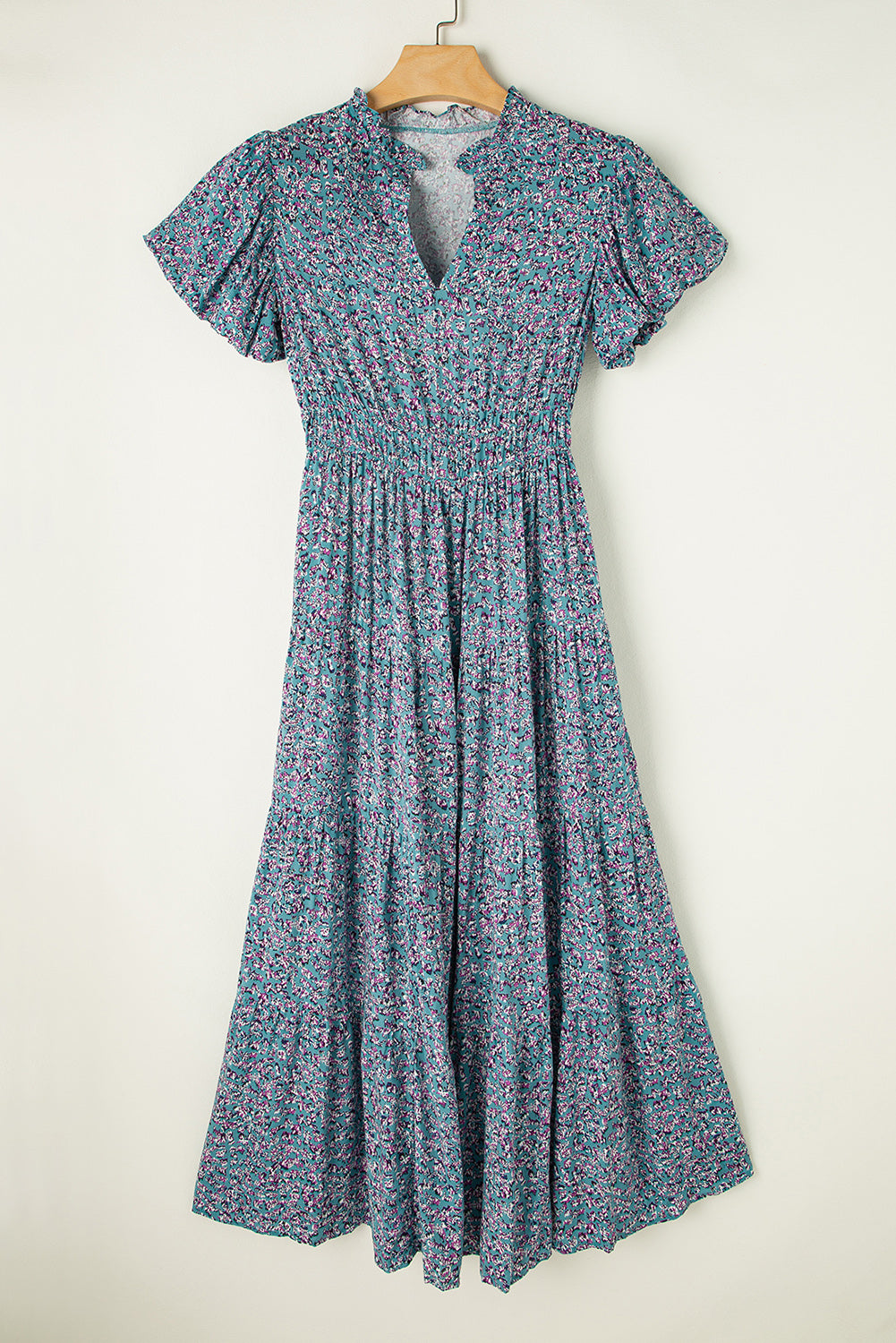 Printed V Neck Shirred Short Puff Sleeve Maxi Dress