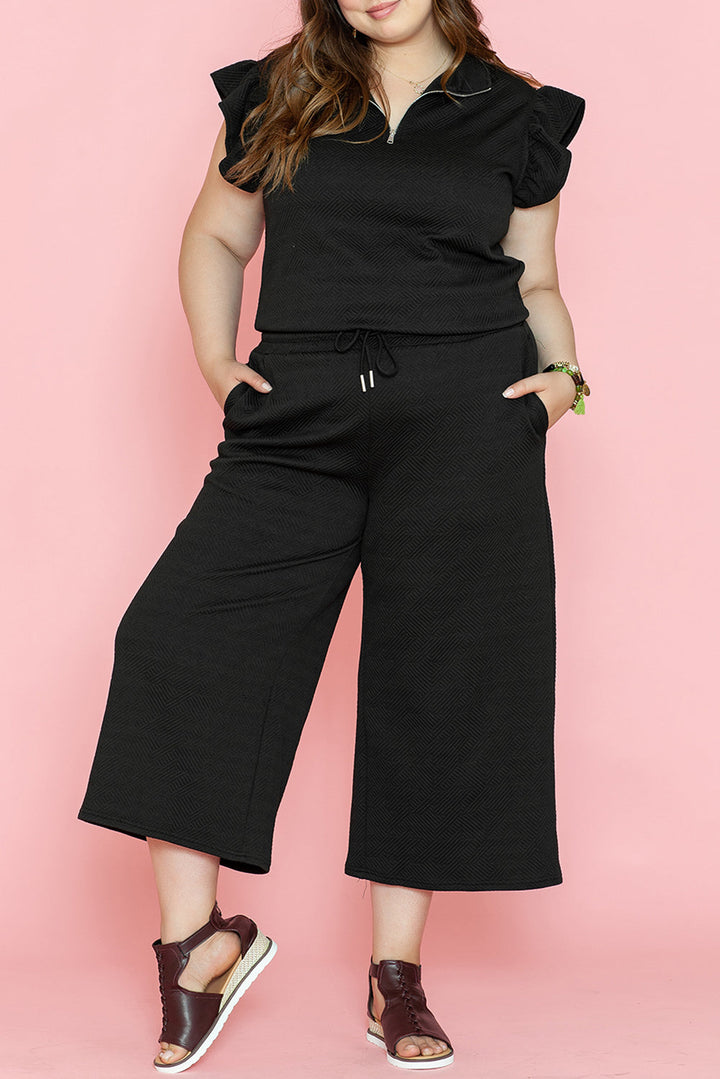 Plus Ruffled Sleeve Quarter Zip Top Wide Leg Pants Set