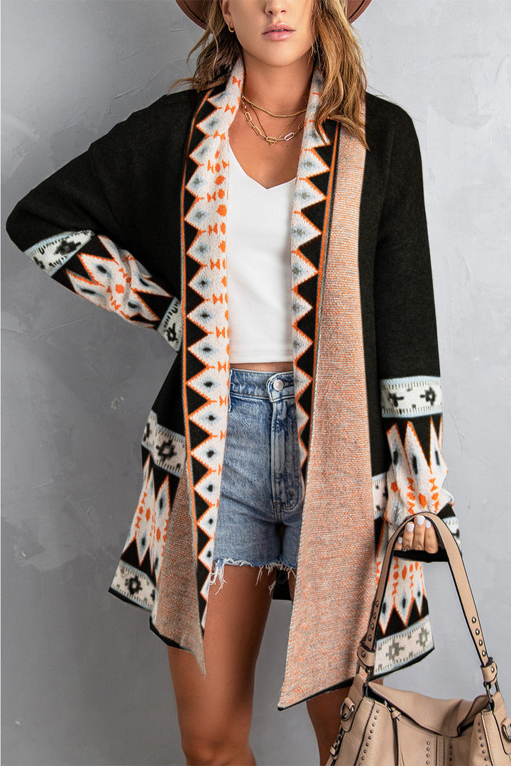 Aztec Print Open Front Knitted Cardigan