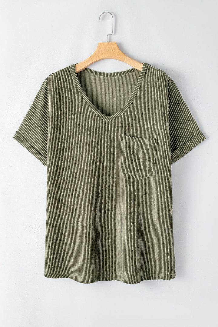 Plus Size Corded V Neck Patch Pocket Tee