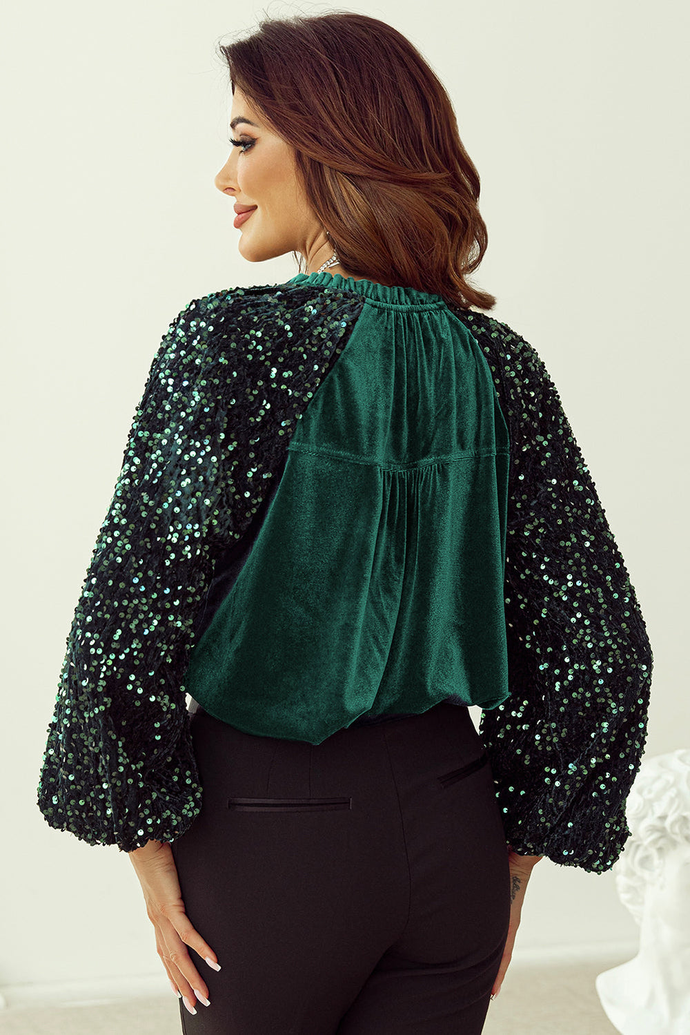 Sequin Patchwork Sleeve Button Up Velvet Top