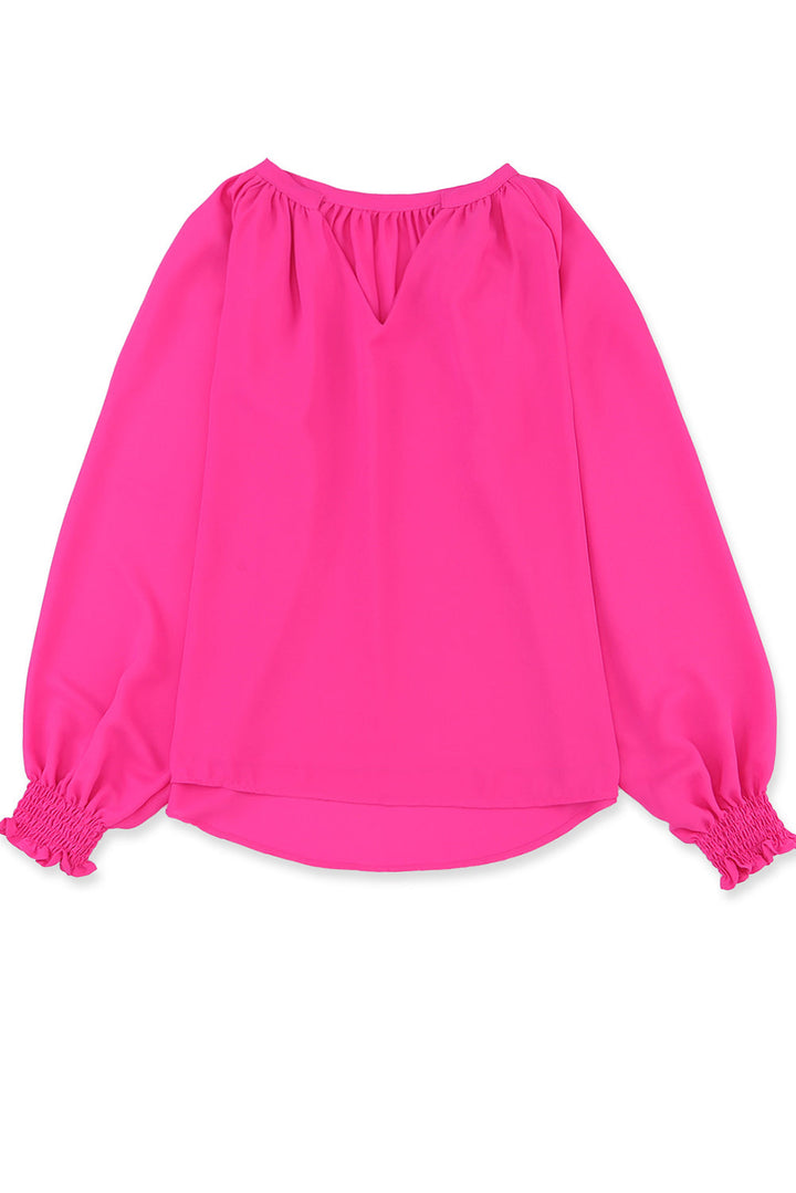 Pleated V Neck Puffy Sleeve Blouse