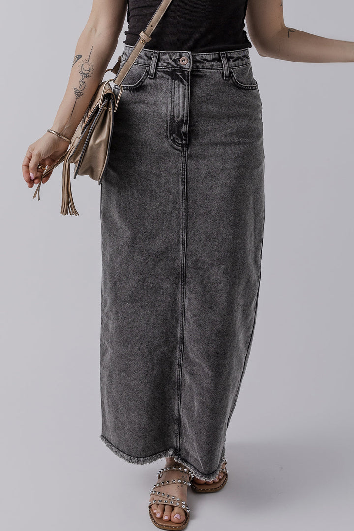 Denim Raw Hem Back Split High Waist Long Skirt