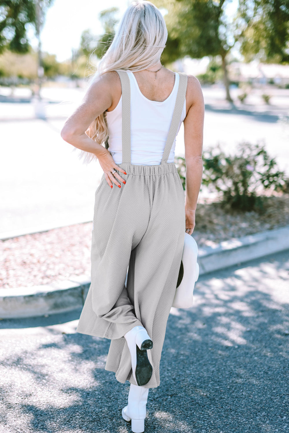 Textured Self-Tie Strap Wide-Leg Overalls