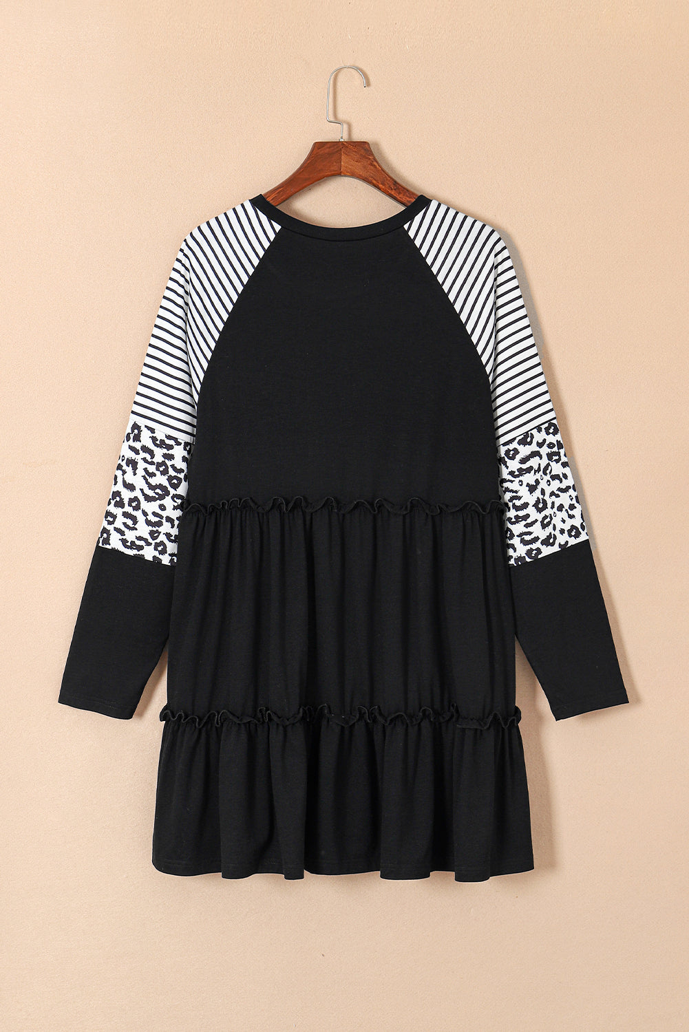 Plus Size Striped Leopard Patch Sleeve Ruffle Tiered Dress