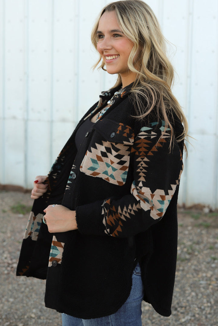 Western Aztec Print Accent Fleece Shacket