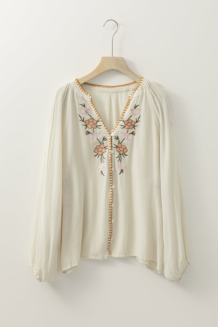 Floral Embroidered Textured Puff Sleeve Loose Shirt