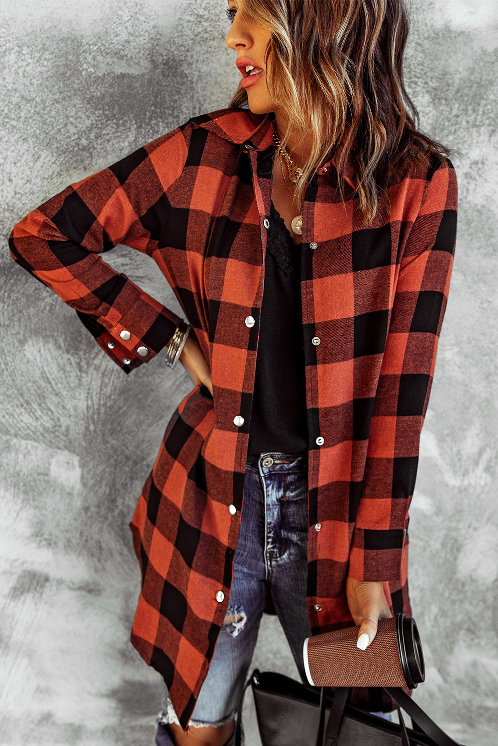 Turn-down Collar Plaid Shirt Coat