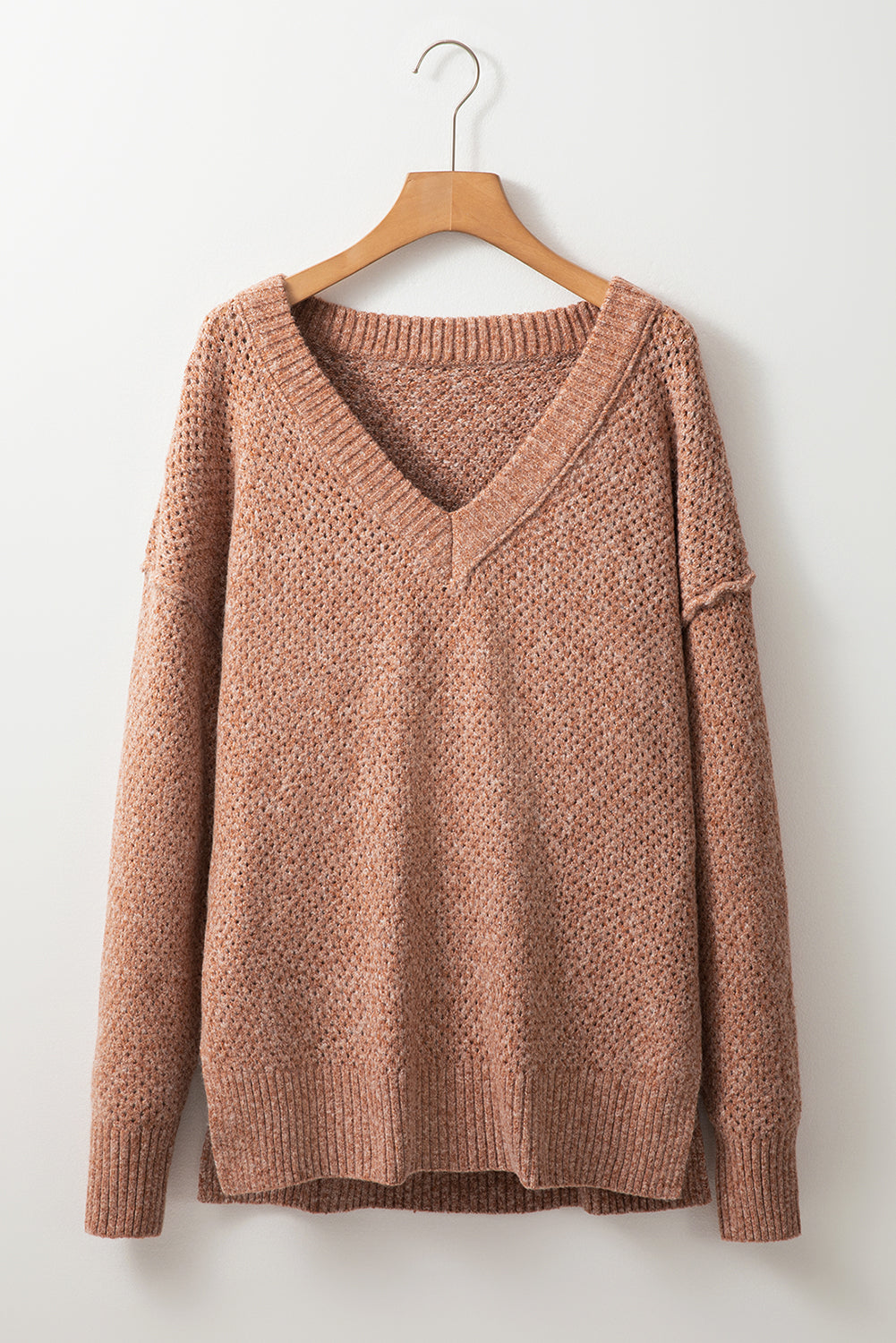 Loose Eyelet V Neck Drop Shoulder Sweater