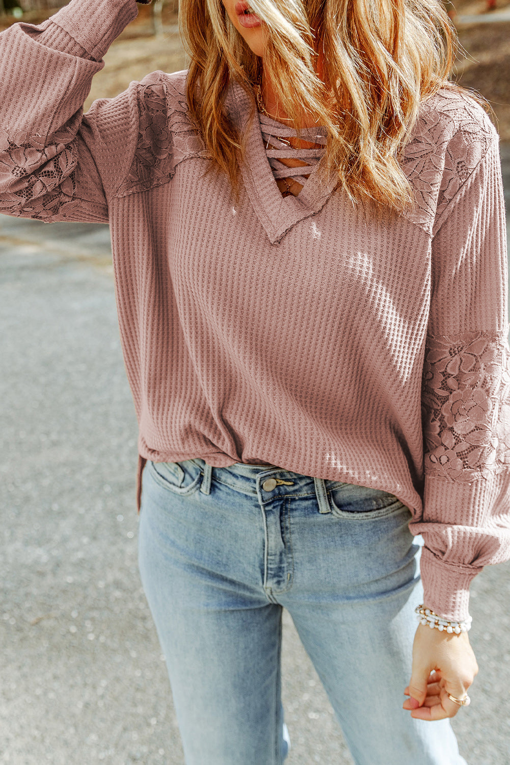 Lace Waffle Patchwork Strappy V Neck Long Sleeve Top