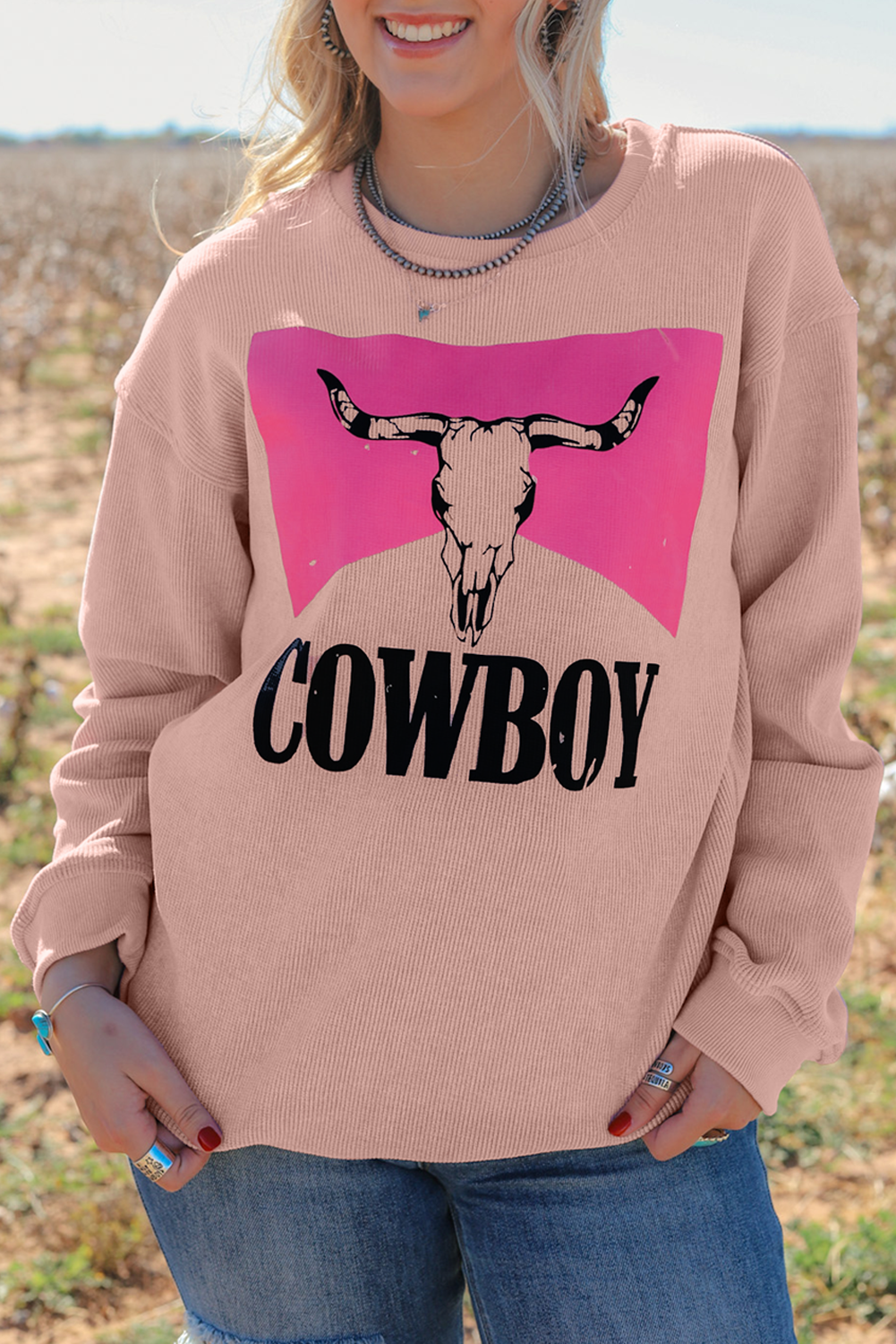 Steer Head Cowboy Print Corded Pullover Sweatshirt