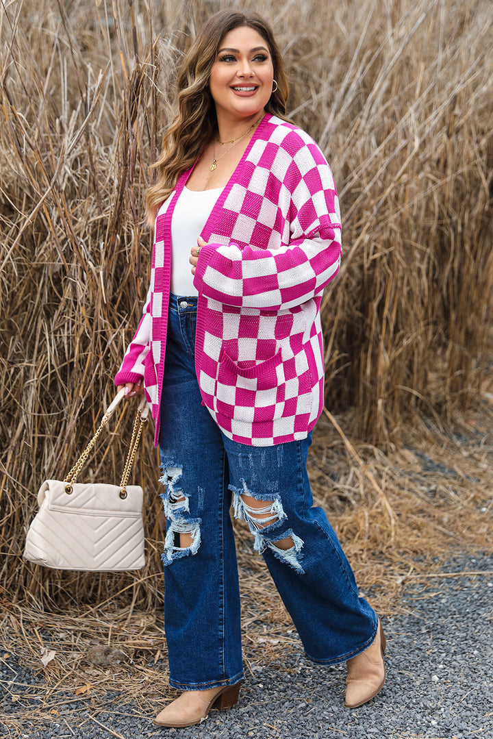 Checkered Pattern Open Front Plus Size Cardigan