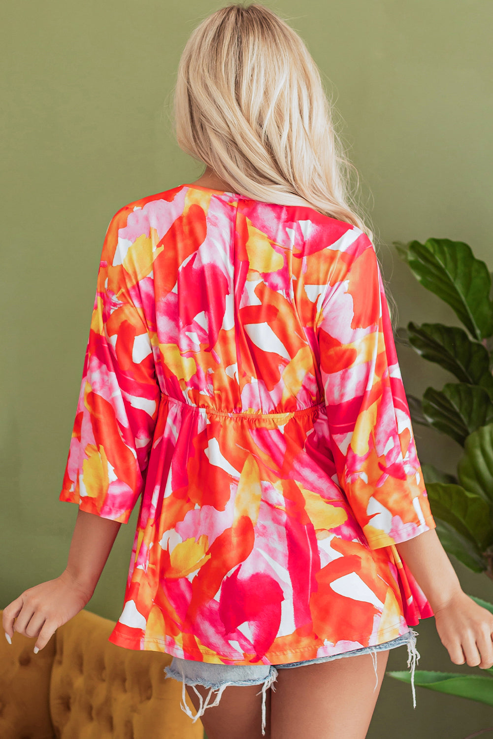 Abstract Print 3/4 Sleeve V Neck Ruffled Babydoll Blouse