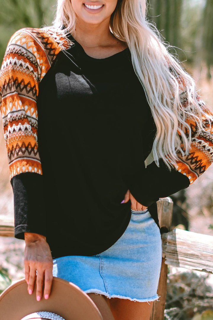 Geo Print Raglan Patchwork Long Sleeve Tee