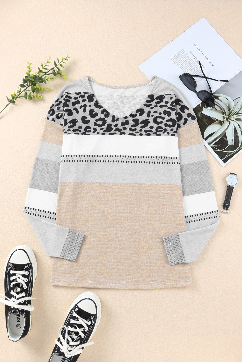 Leopard Color Block V Neck Top