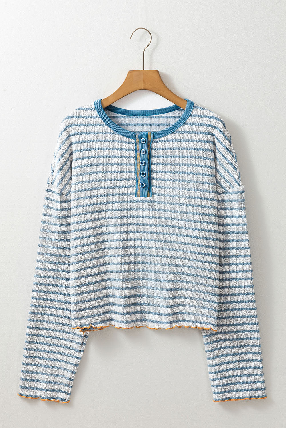 Textured Frilly Trim Buttons Henley Long Sleeve Top