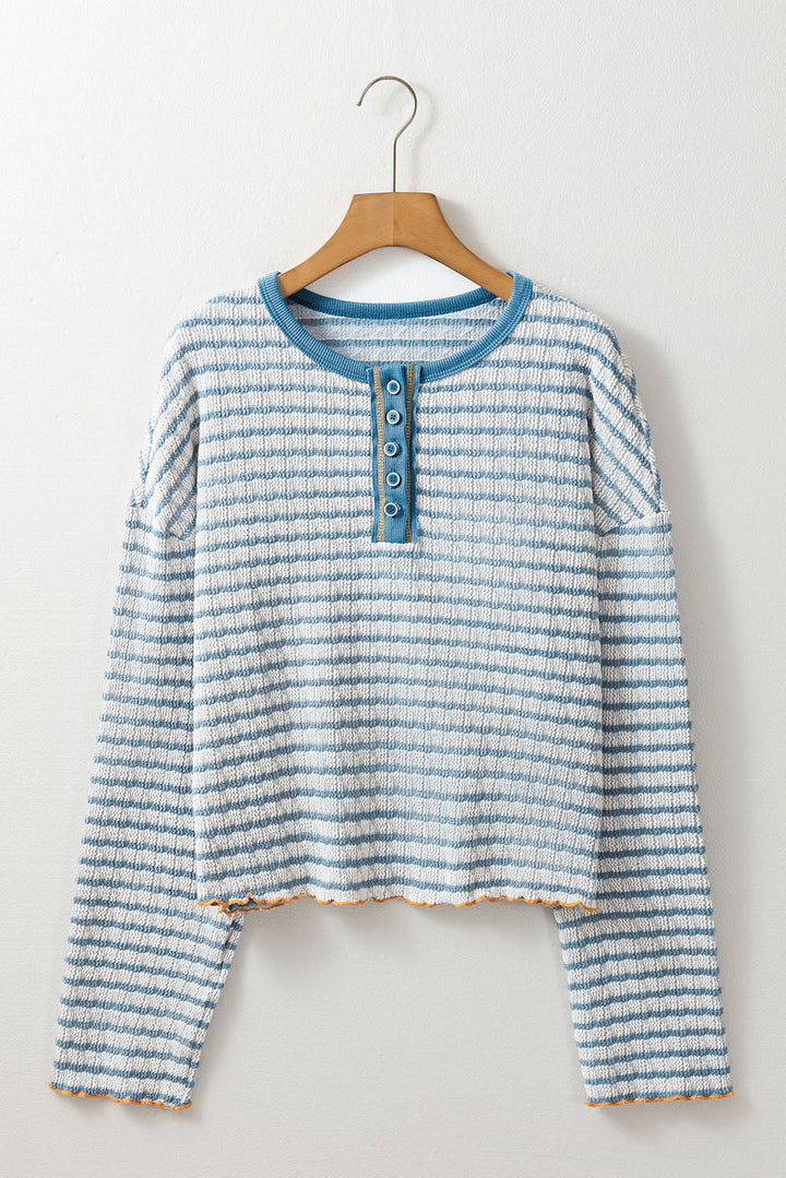 Textured Frilly Trim Buttons Henley Long Sleeve Top