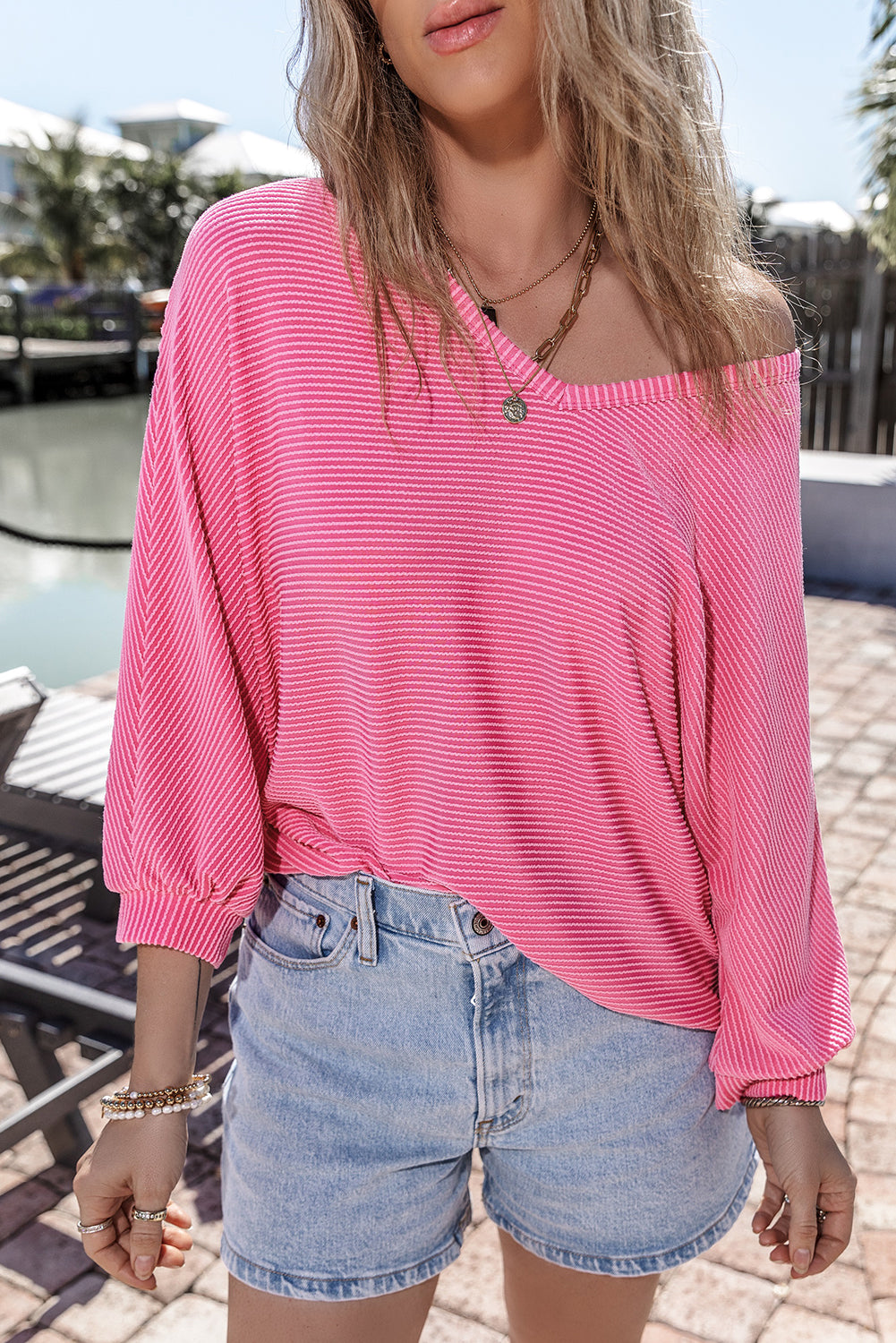 Striped Print Bracelet Sleeve V Neck Top