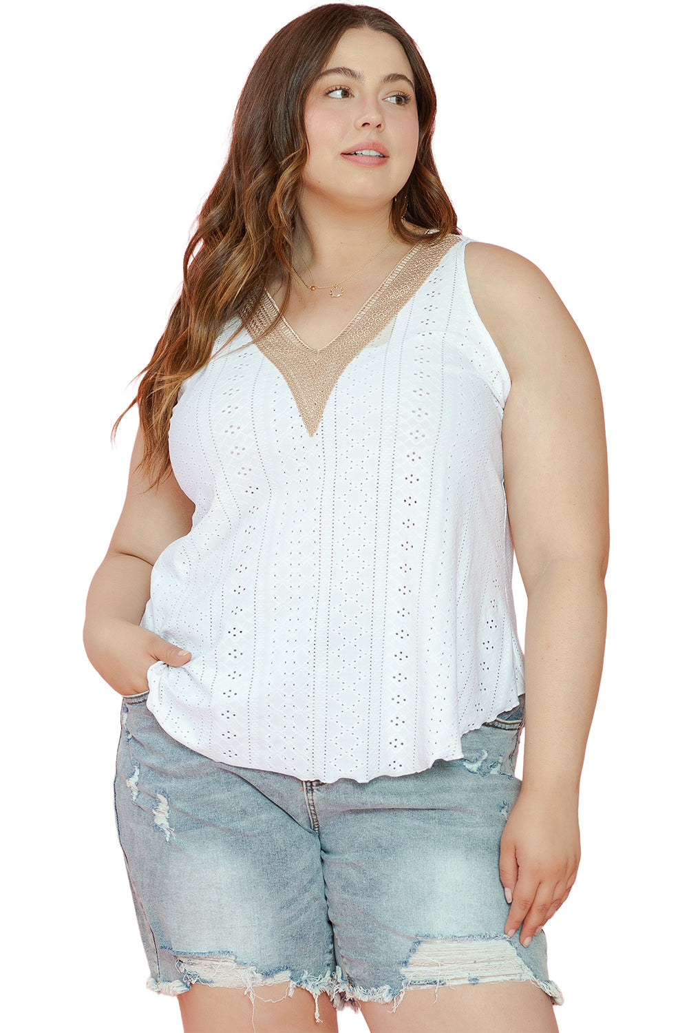 Plus Size Guipure V Neck Eyelet Lace Tank Top