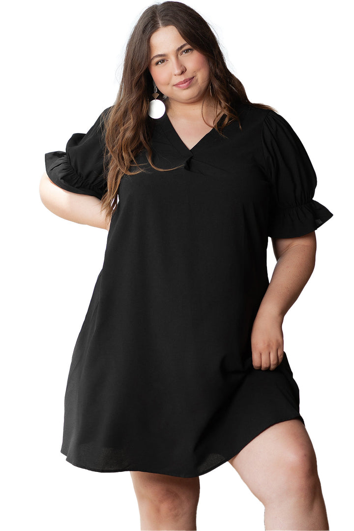 Solid Ruffled Puff Sleeve V Neck Plus Size Mini Dress