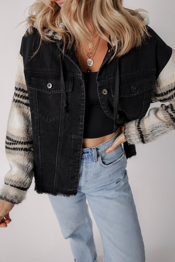 Plaid Sleeve Frayed Hem Hooded Denim Jacket