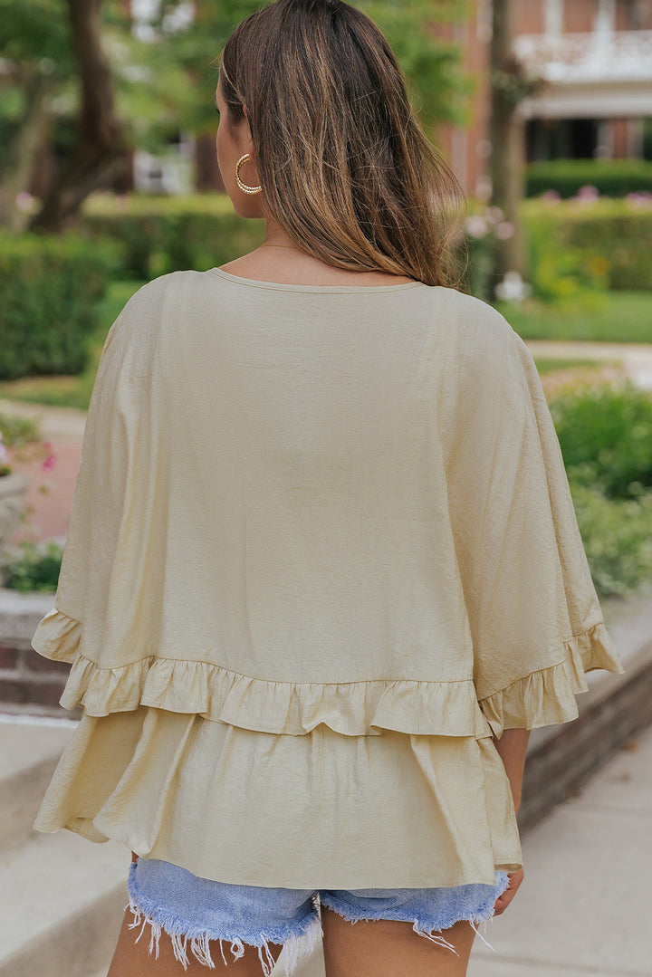 V Neck Draped Batwing Sleeve Ruffle Blouse