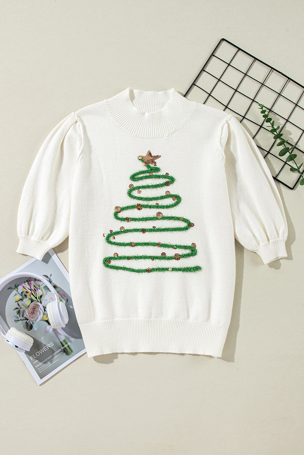 Tinsel Christmas Tree Graphic Puff Sleeve Sweater