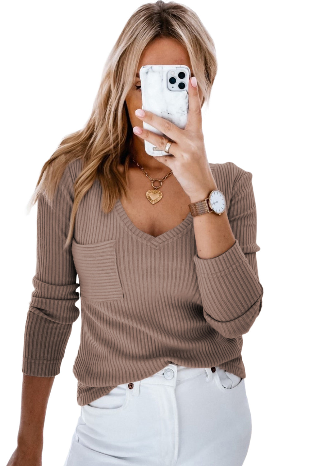 Ribbed Knit Patched Chest Pocket V Neck Top