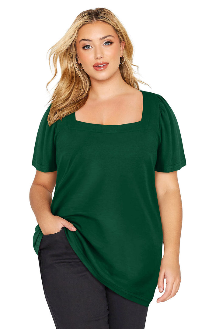 Plus Size Square Neck Ruched Shoulder Short Sleeve Top