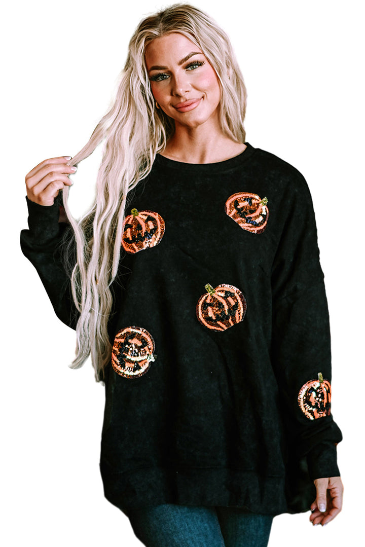 Sequined Jack O Lantern Split Hem Baggy Sweatshirt