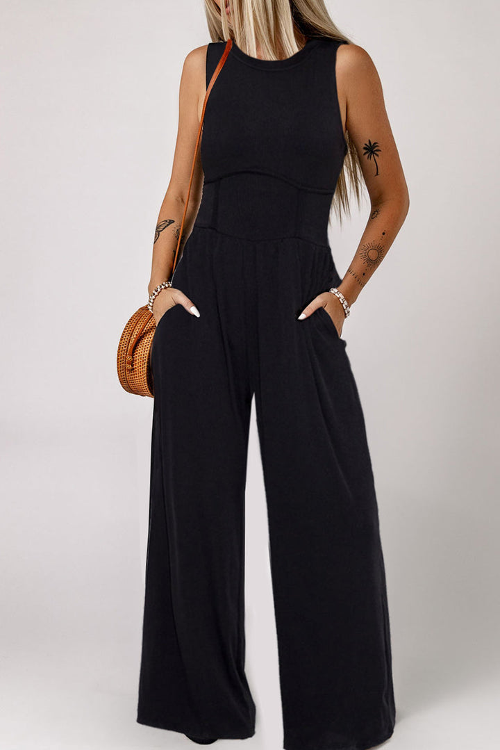 Cinched Waist Sleeveless Wide Leg Jumpsuit