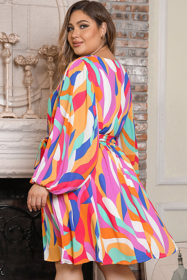 Plus Size Abstract Print Oversized Sleeve Belted Dress