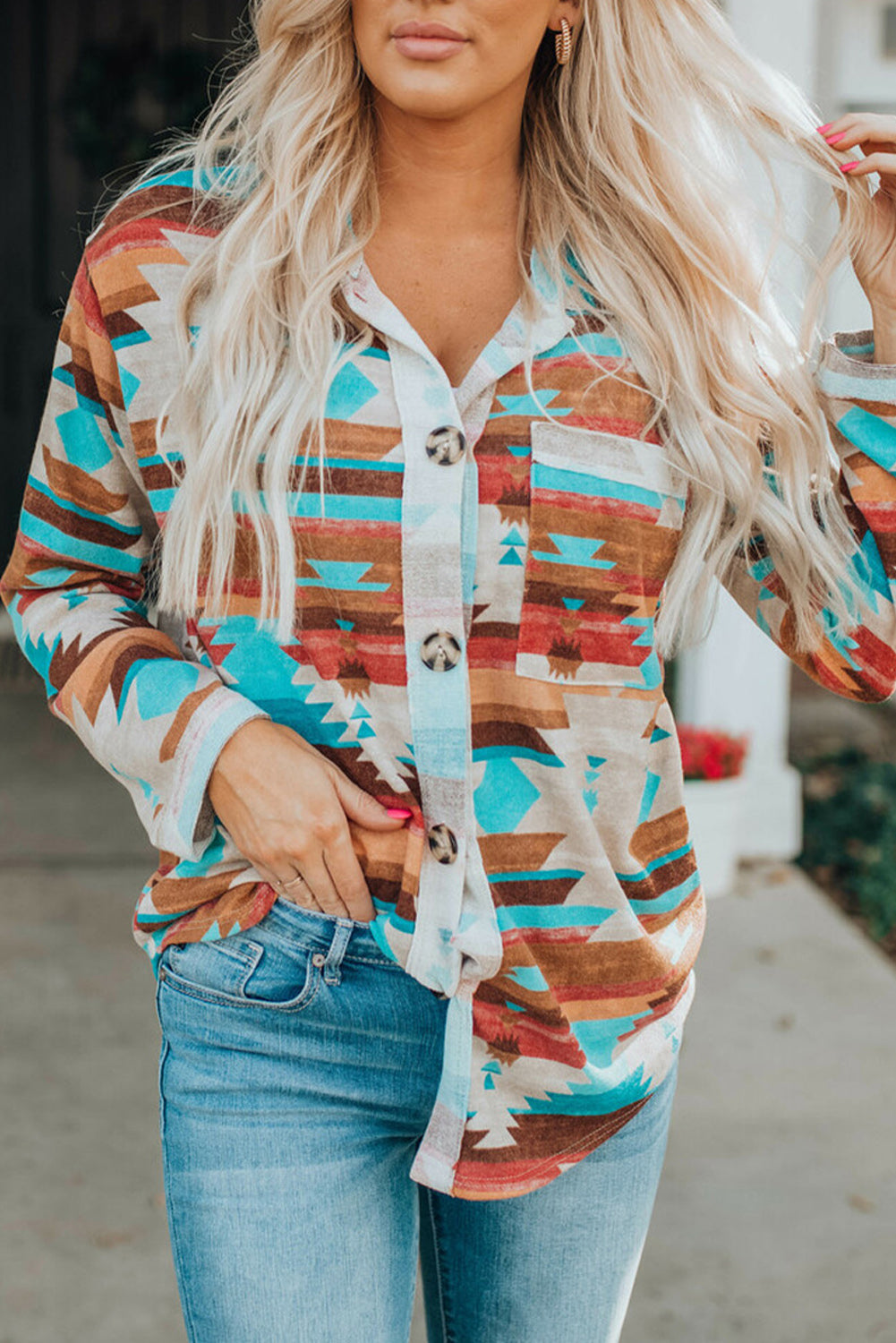 Aztec Print Buttoned Pocket Chest Long Sleeve Shirt