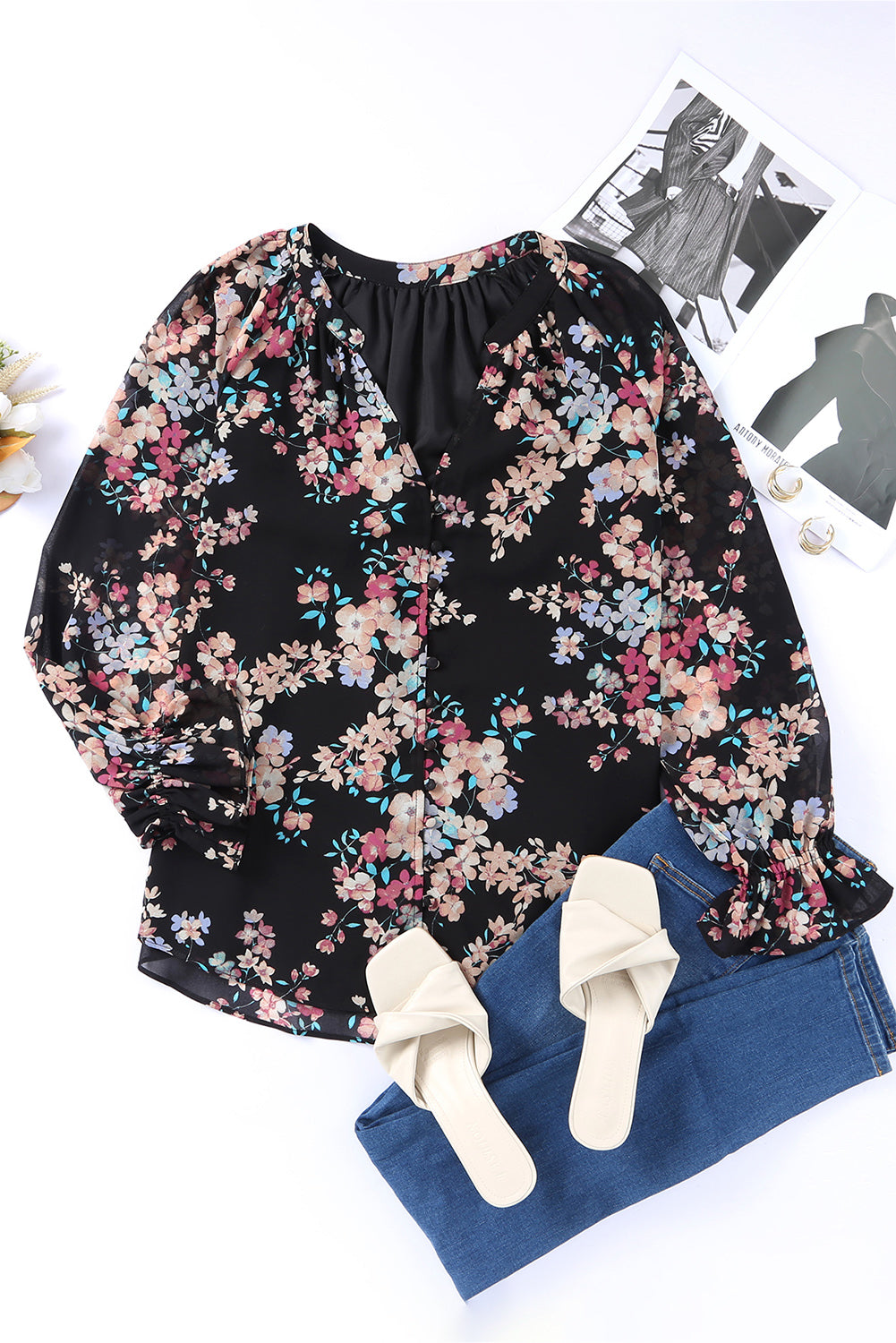 Wildflower Print Chiffon Blouse