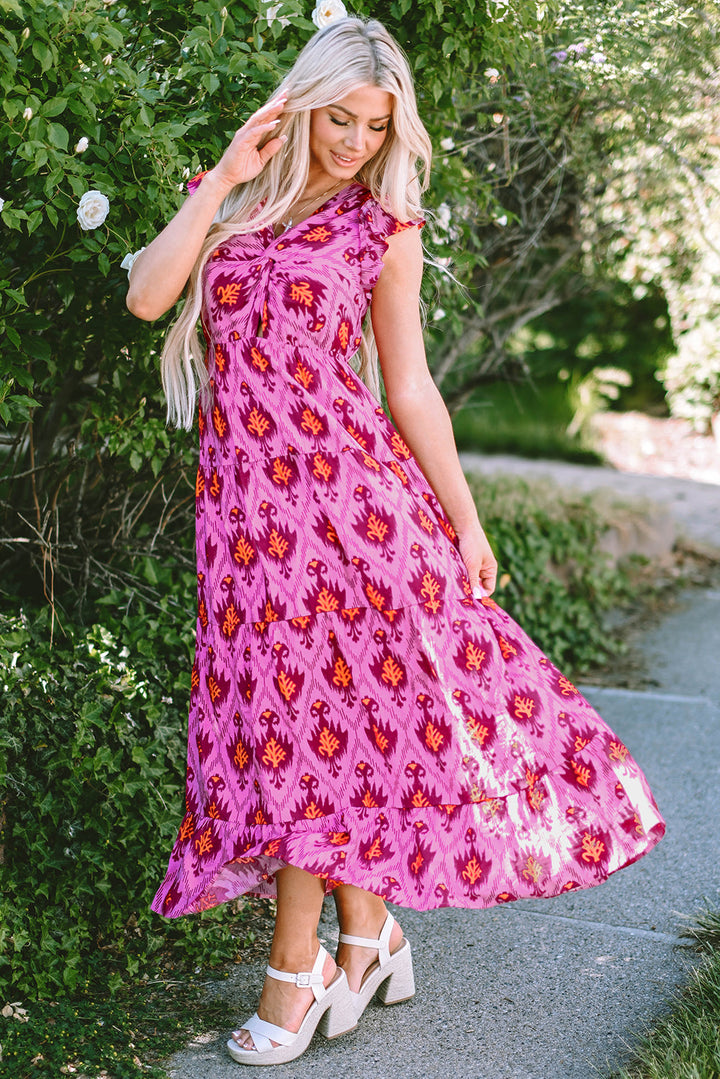 Retro Print Twisted Front Ruffled Sleeve Maxi Dress