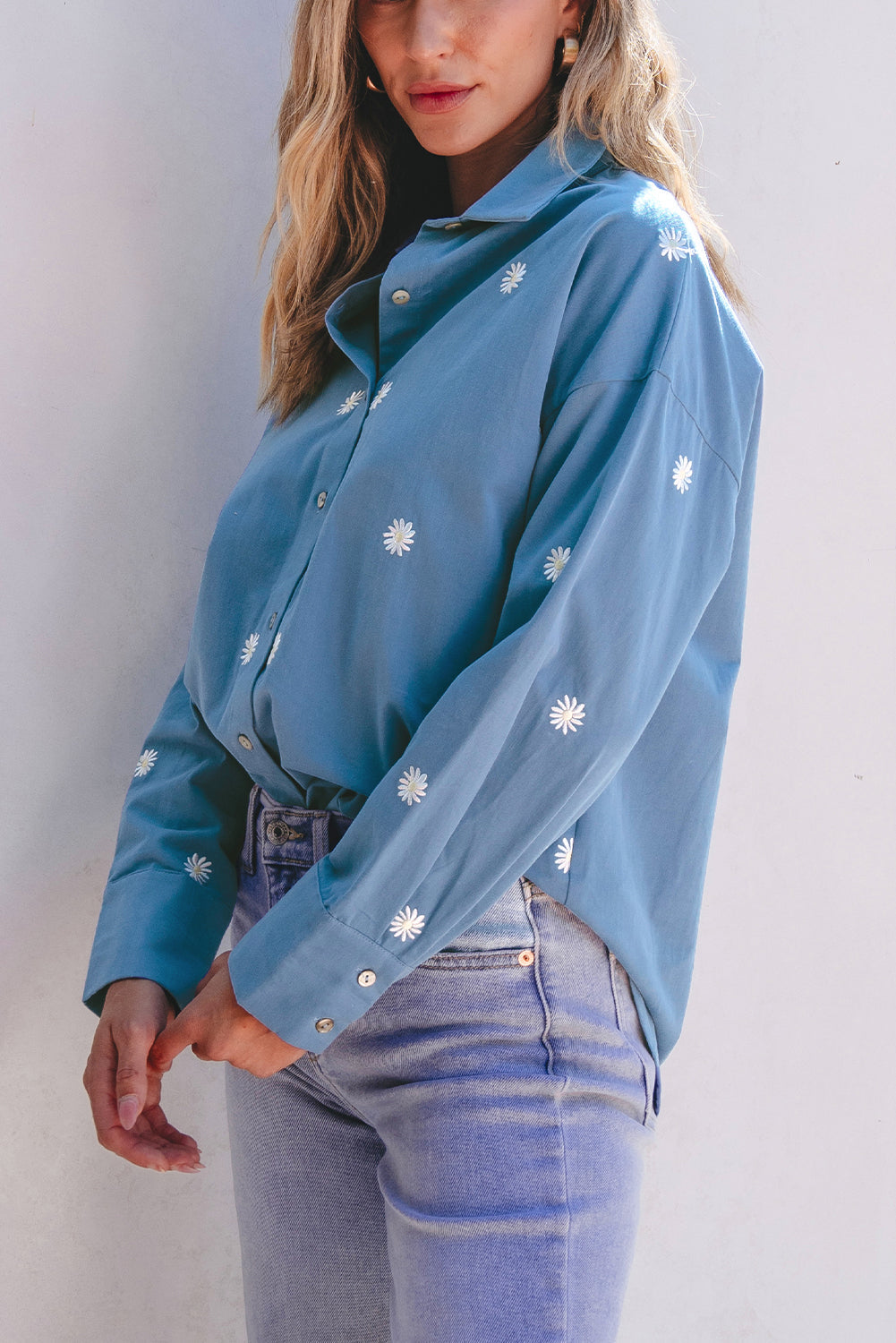 Floral Embroidered Curved Hem Tunic Shirt