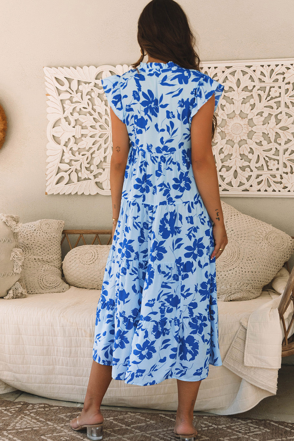 Floral Print Flutter Sleeve Maxi Dress