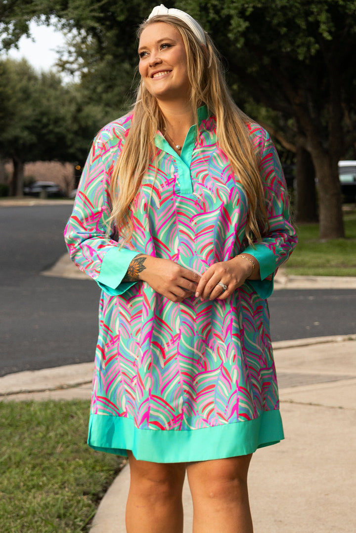 Plus Size Palm Pattern Long Sleeve Shift Dress