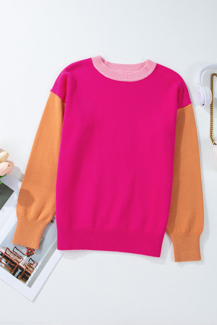 Three Tone Contrast Round Neck Loose Sweater