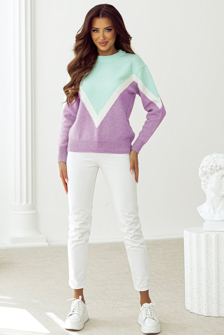 Chevron Colorblock Ribbed Knit Drop Shoulder Sweater