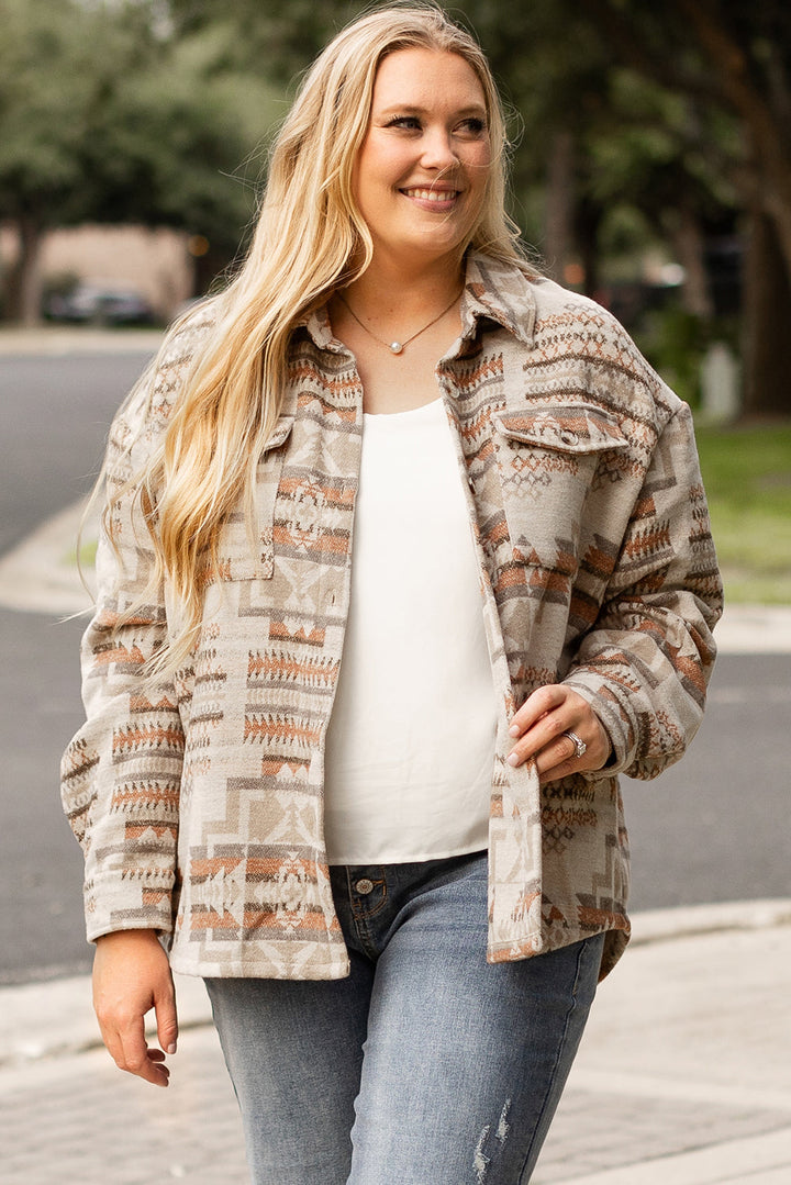 Aztec Geometric Print Pockets Plus Size Jacket