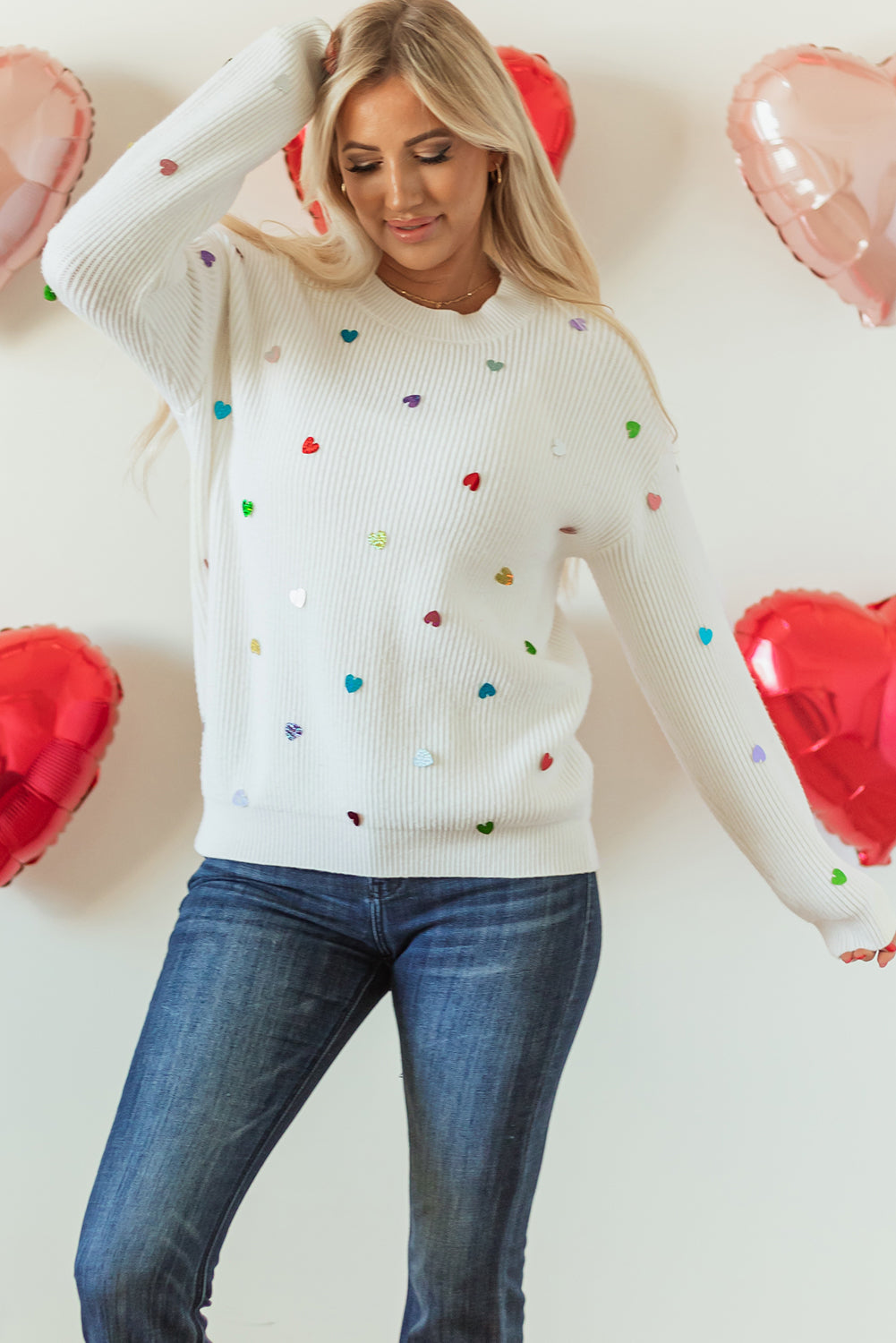 Sequin Heart Shape Waffle Knit Round Neck Sweater