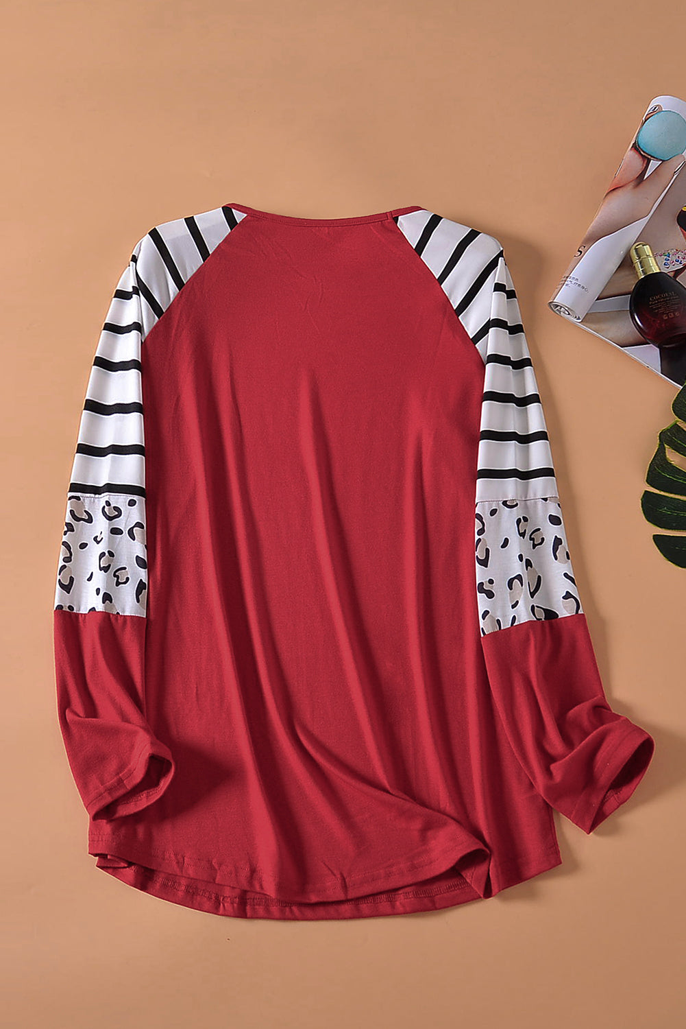 Red Striped Animal Print Colorblock Long Sleeve Top