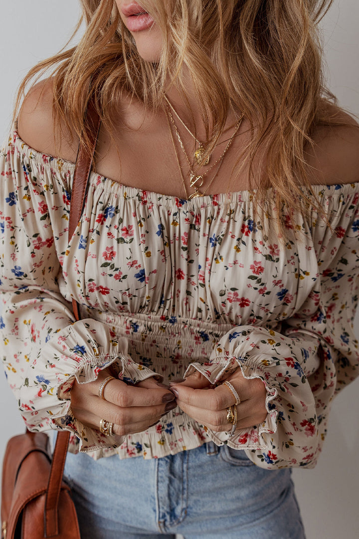 Boho Floral Print Smocked Waist V Neck Blouse